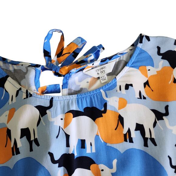 Crown & Ivy Womens Peplum Top Size XXL Bell Sleeves Elephant Print Orange Blue - Picture 7 of 10